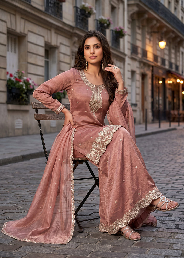 Buy Now Pink Salsa Silk Embroidered Palazzo Style Dress Online in US, UK, Canada, Netherlands, Germany, Italy, France, Greece, Sweden &amp; Worldwide at Empress.