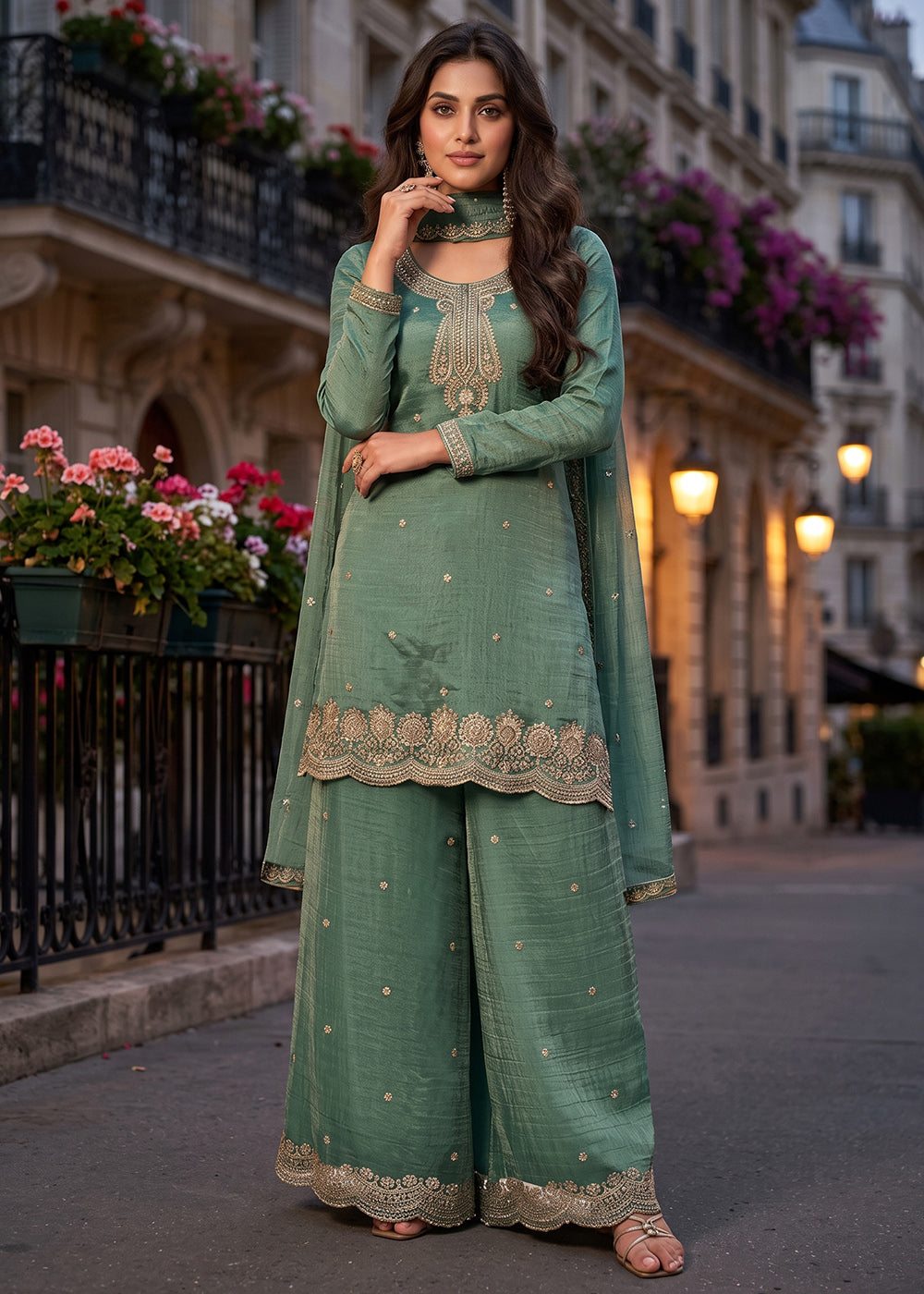 Buy Now Green Salsa Silk Embroidered Palazzo Style Dress Online in US, UK, Canada, Netherlands, Germany, Italy, France, Greece, Sweden & Worldwide at Empress.