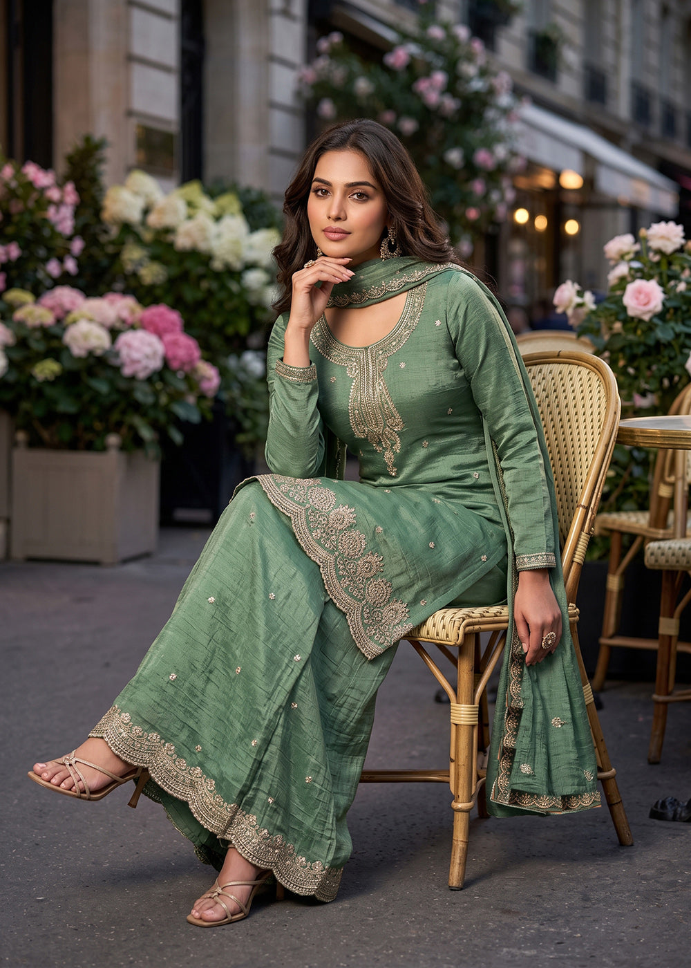 Buy Now Green Salsa Silk Embroidered Palazzo Style Dress Online in US, UK, Canada, Netherlands, Germany, Italy, France, Greece, Sweden &amp; Worldwide at Empress.