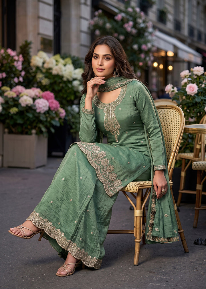 Buy Now Green Salsa Silk Embroidered Palazzo Style Dress Online in US, UK, Canada, Netherlands, Germany, Italy, France, Greece, Sweden &amp; Worldwide at Empress.