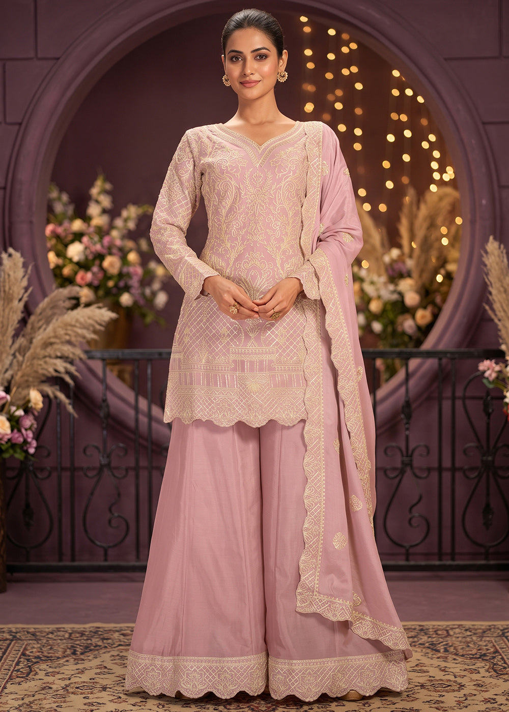 Shop Now Premium Chinnon Pink Ribbon Embroidered Gharara Suit Online at Empress in US, UK, Canada, Italy, Germany, France, Greece, Sweden, Denmark & Worldwide.