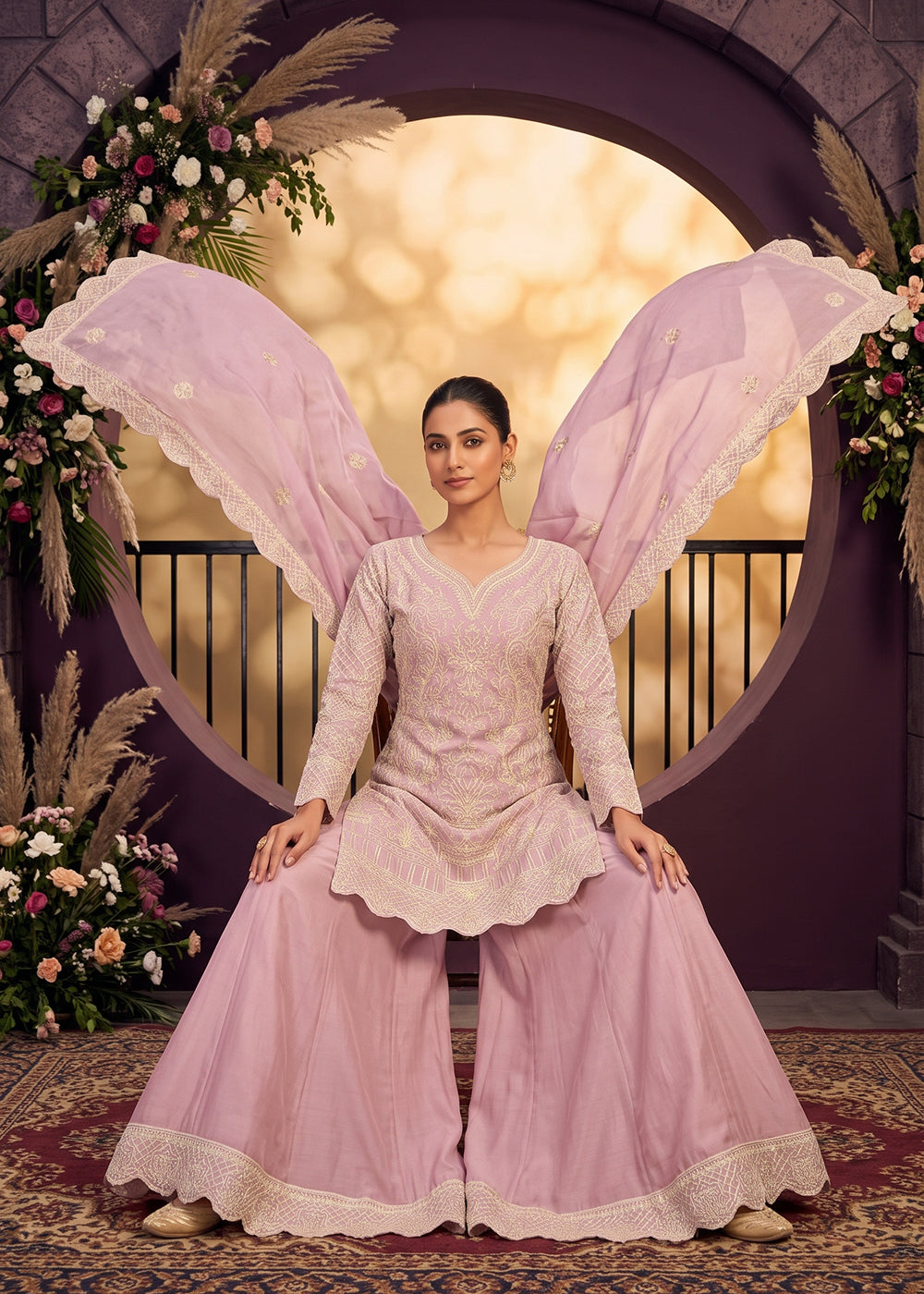 Shop Now Premium Chinnon Pink Ribbon Embroidered Gharara Suit Online at Empress in US, UK, Canada, Italy, Germany, France, Greece, Sweden, Denmark &amp; Worldwide.