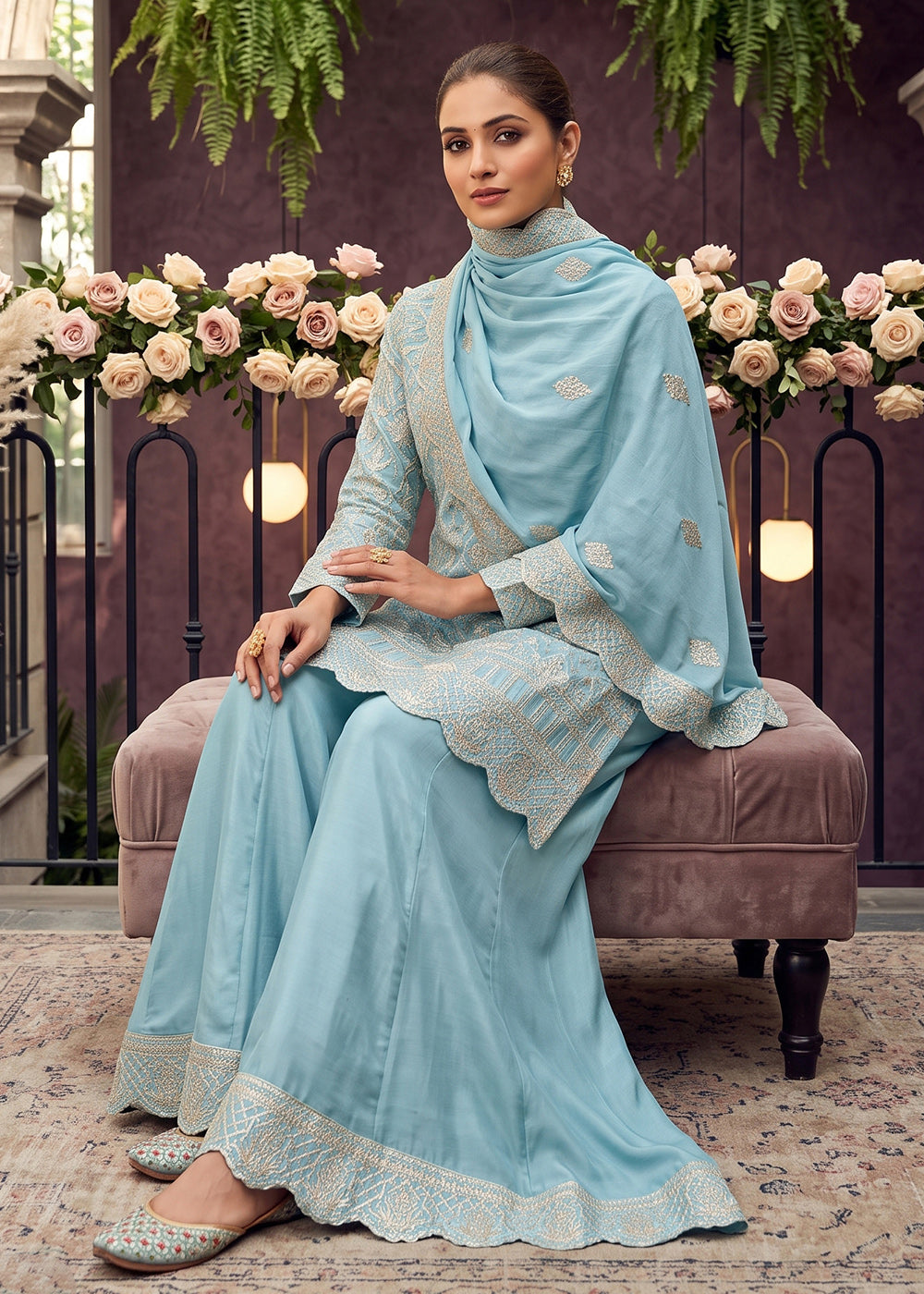 Shop Now Premium Chinnon Blue Ribbon Embroidered Gharara Suit Online at Empress in US, UK, Canada, Italy, Germany, France, Greece, Sweden, Denmark & Worldwide.