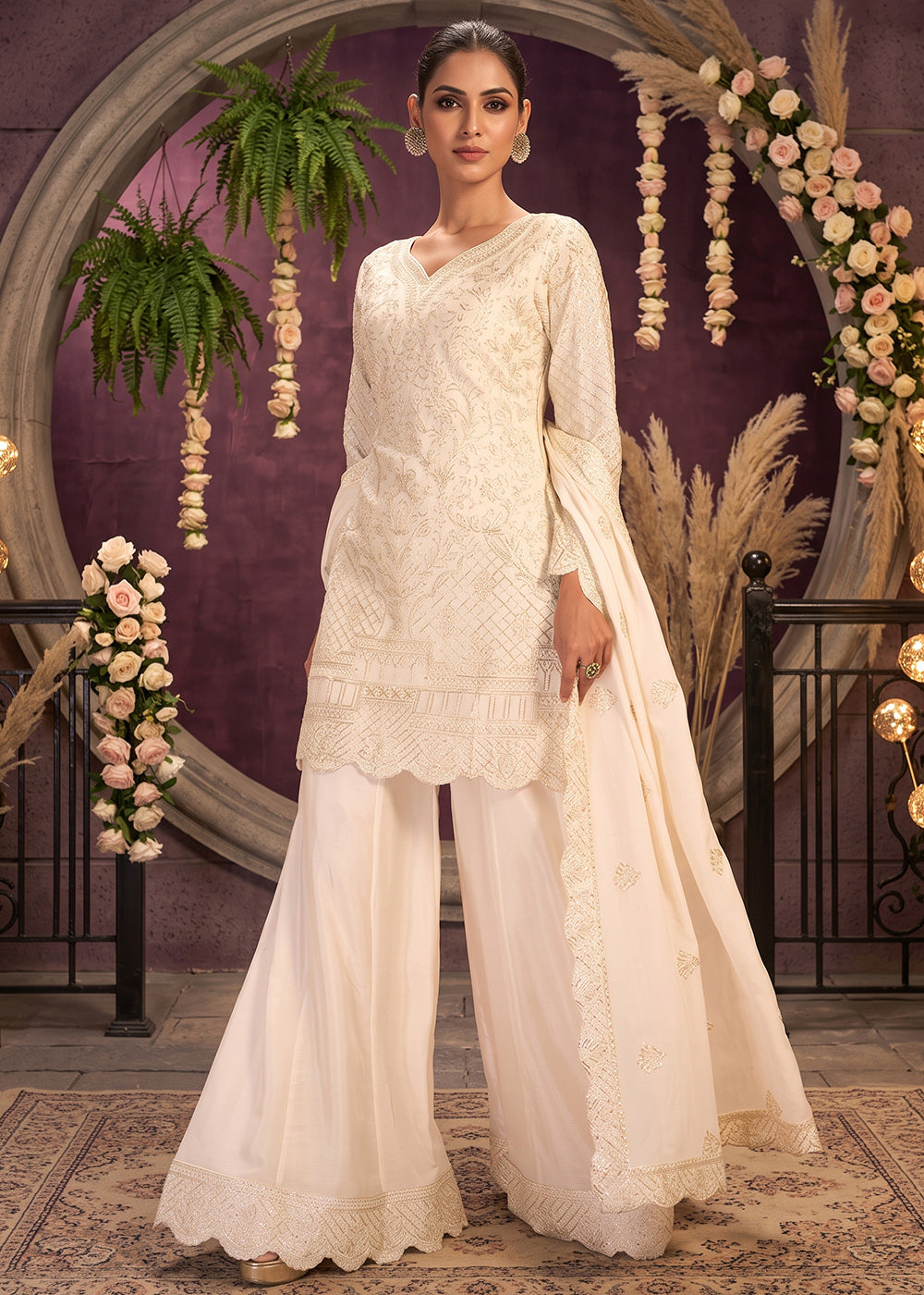 Shop Now Premium Chinnon Off White Ribbon Embroidered Gharara Suit Online at Empress in US, UK, Canada, Italy, Germany, France, Greece, Sweden, UAE & Worldwide.