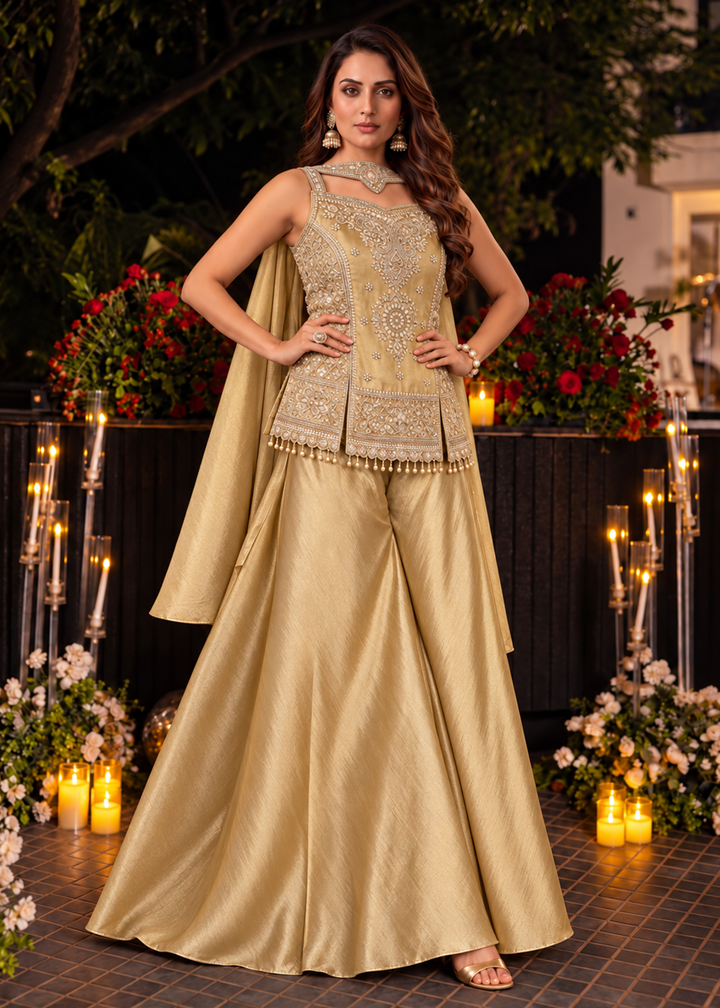 Buy Now Beige Premium Kanjivaram Silk with Beads Palazzo Suit Online in US, UK, Canada, Netherlands, Germany, Italy, France, Greece, UAE &amp; Worldwide at Empress.