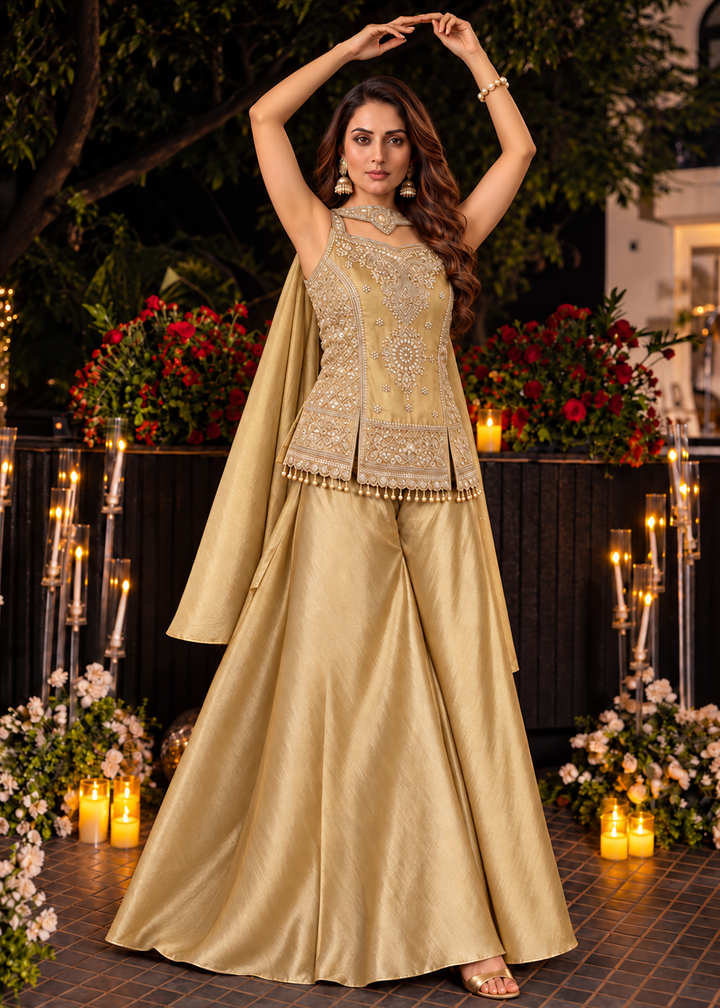 Buy Now Beige Premium Kanjivaram Silk with Beads Palazzo Suit Online in US, UK, Canada, Netherlands, Germany, Italy, France, Greece, UAE &amp; Worldwide at Empress.