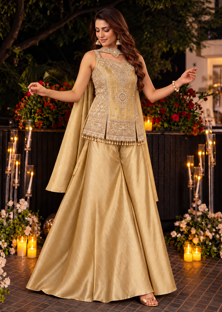 Buy Now Beige Premium Kanjivaram Silk with Beads Palazzo Suit Online in US, UK, Canada, Netherlands, Germany, Italy, France, Greece, UAE &amp; Worldwide at Empress.