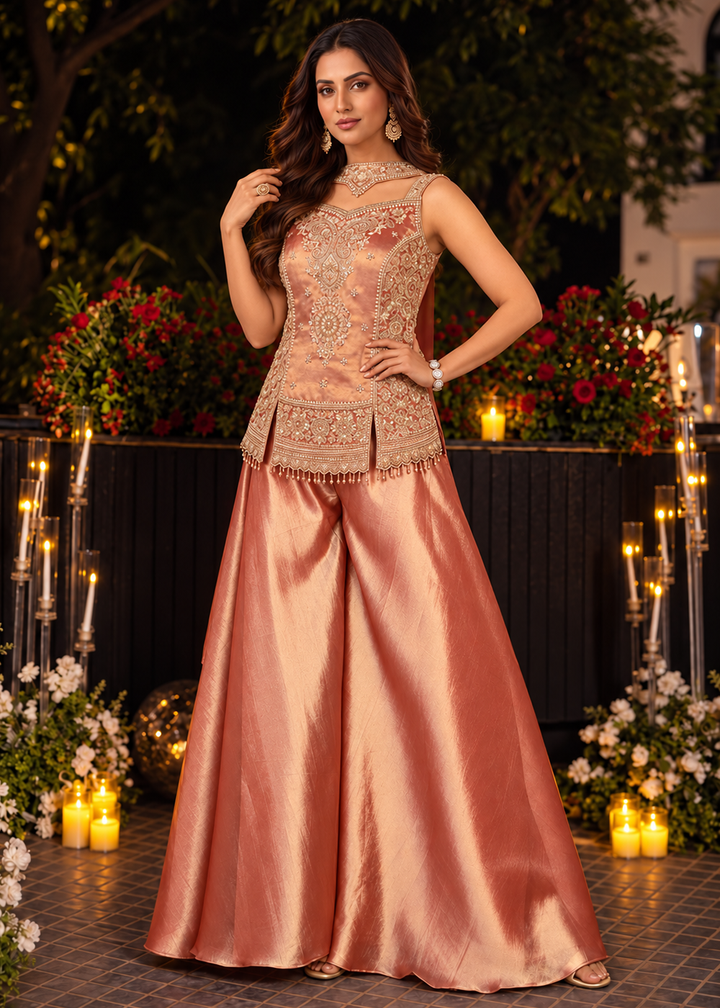 Buy Now Pink Premium Kanjivaram Silk with Beads Palazzo Suit Online in US, UK, Canada, Netherlands, Germany, Italy, France, Greece, UAE &amp; Worldwide at Empress.