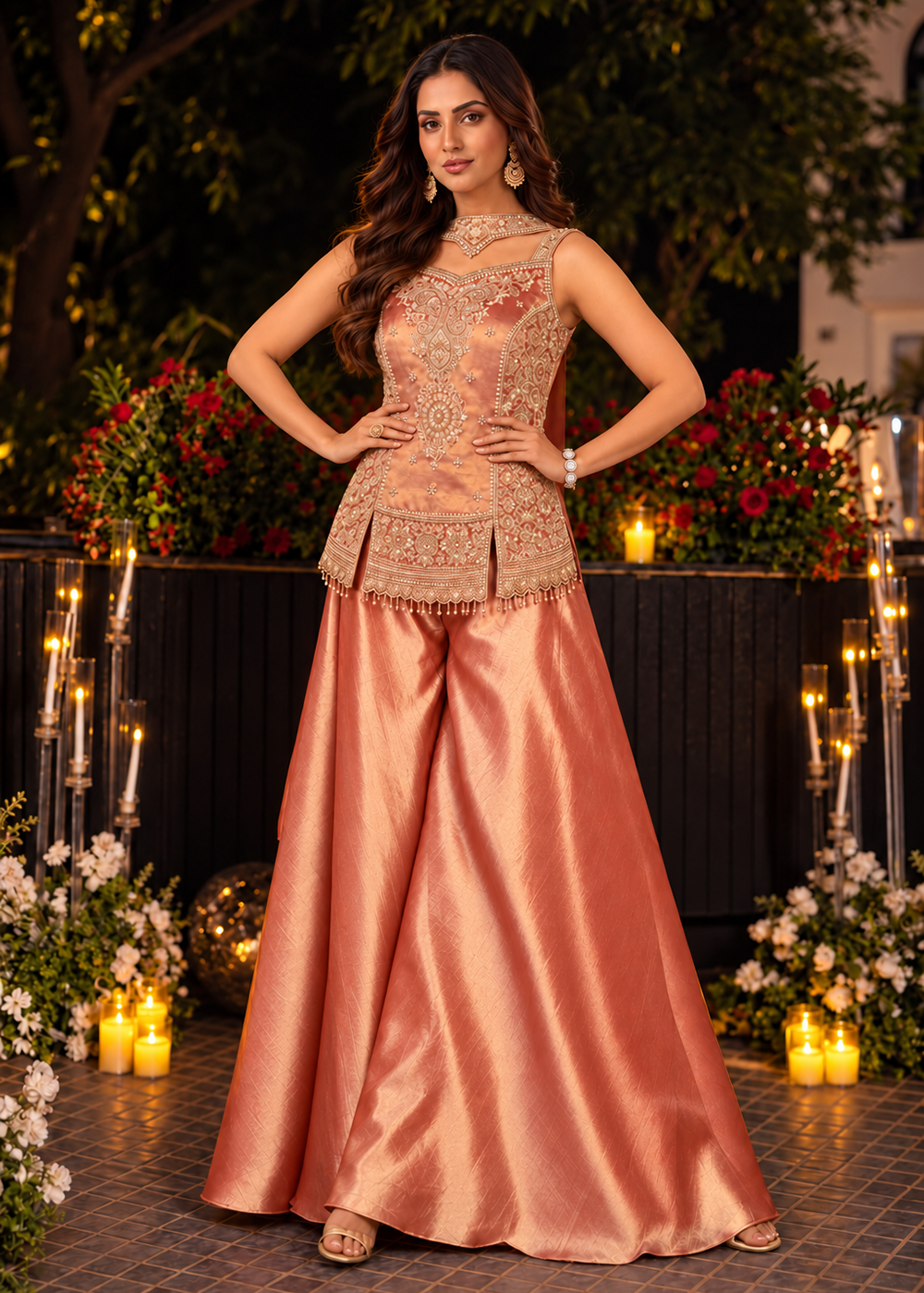 Buy Now Pink Premium Kanjivaram Silk with Beads Palazzo Suit Online in US, UK, Canada, Netherlands, Germany, Italy, France, Greece, UAE &amp; Worldwide at Empress.