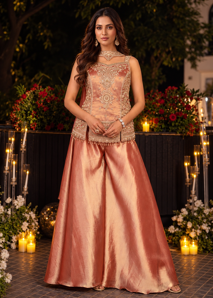 Buy Now Pink Premium Kanjivaram Silk with Beads Palazzo Suit Online in US, UK, Canada, Netherlands, Germany, Italy, France, Greece, UAE &amp; Worldwide at Empress.