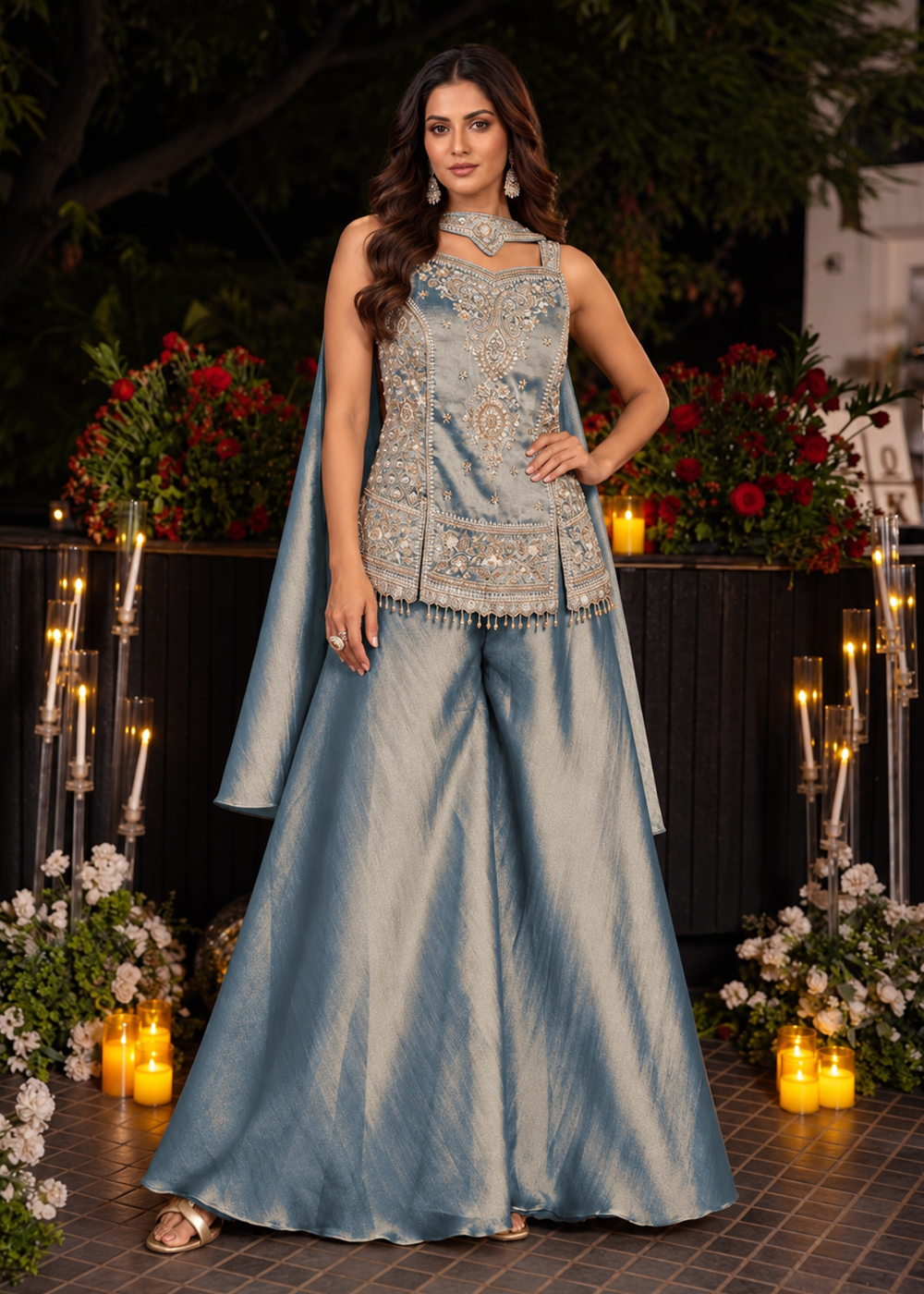 Buy Now Blue Premium Kanjivaram Silk with Beads Palazzo Suit Online in US, UK, Canada, Netherlands, Germany, Italy, France, Greece, UAE & Worldwide at Empress.
