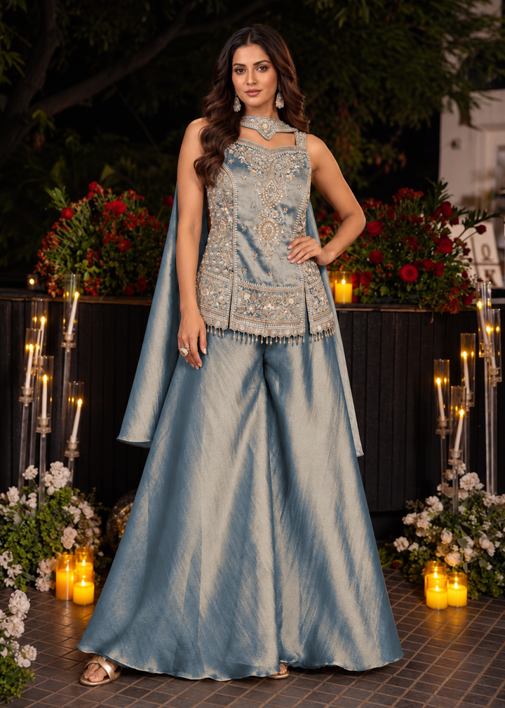 Buy Now Blue Premium Kanjivaram Silk with Beads Palazzo Suit Online in US, UK, Canada, Netherlands, Germany, Italy, France, Greece, UAE &amp; Worldwide at Empress.