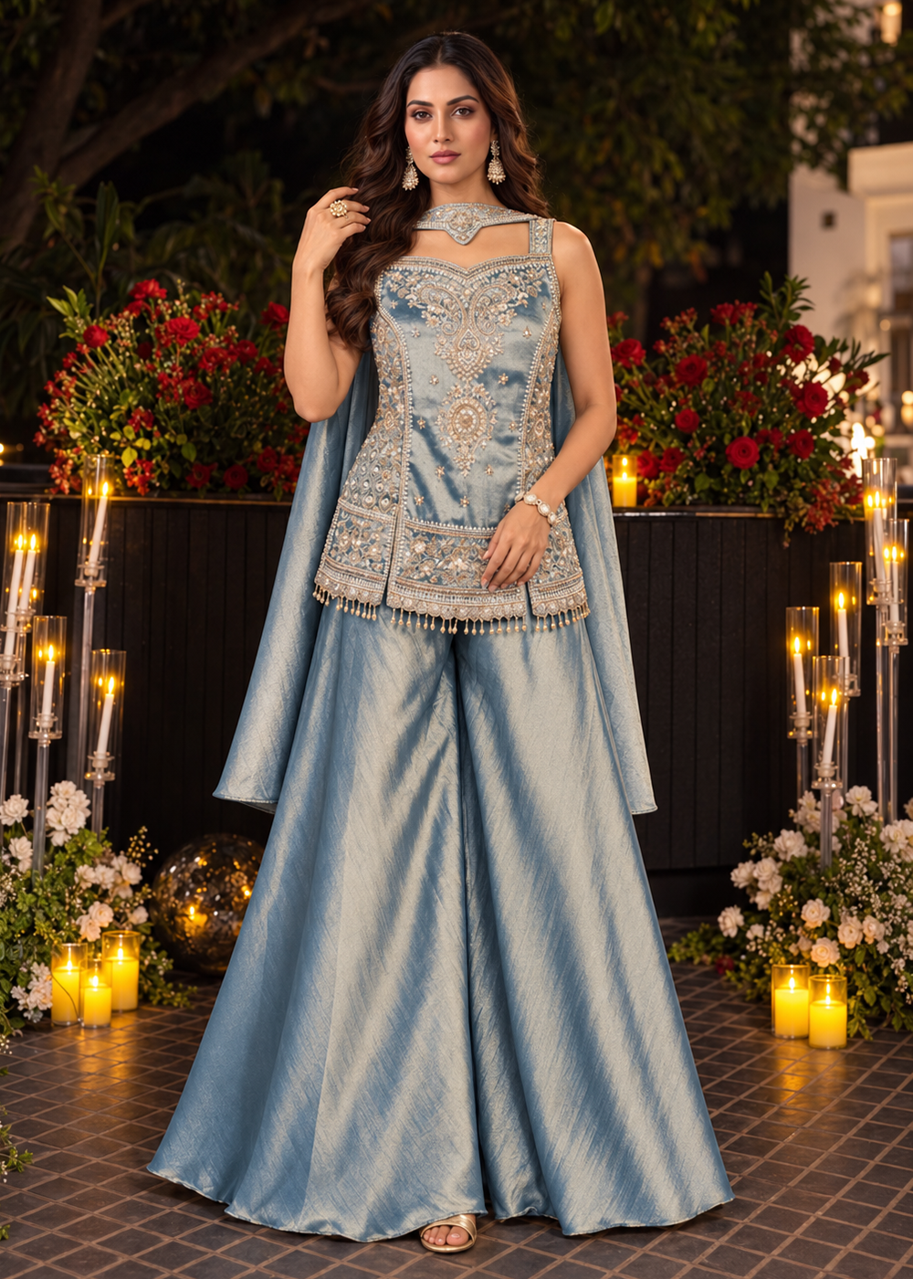 Buy Now Blue Premium Kanjivaram Silk with Beads Palazzo Suit Online in US, UK, Canada, Netherlands, Germany, Italy, France, Greece, UAE & Worldwide at Empress.