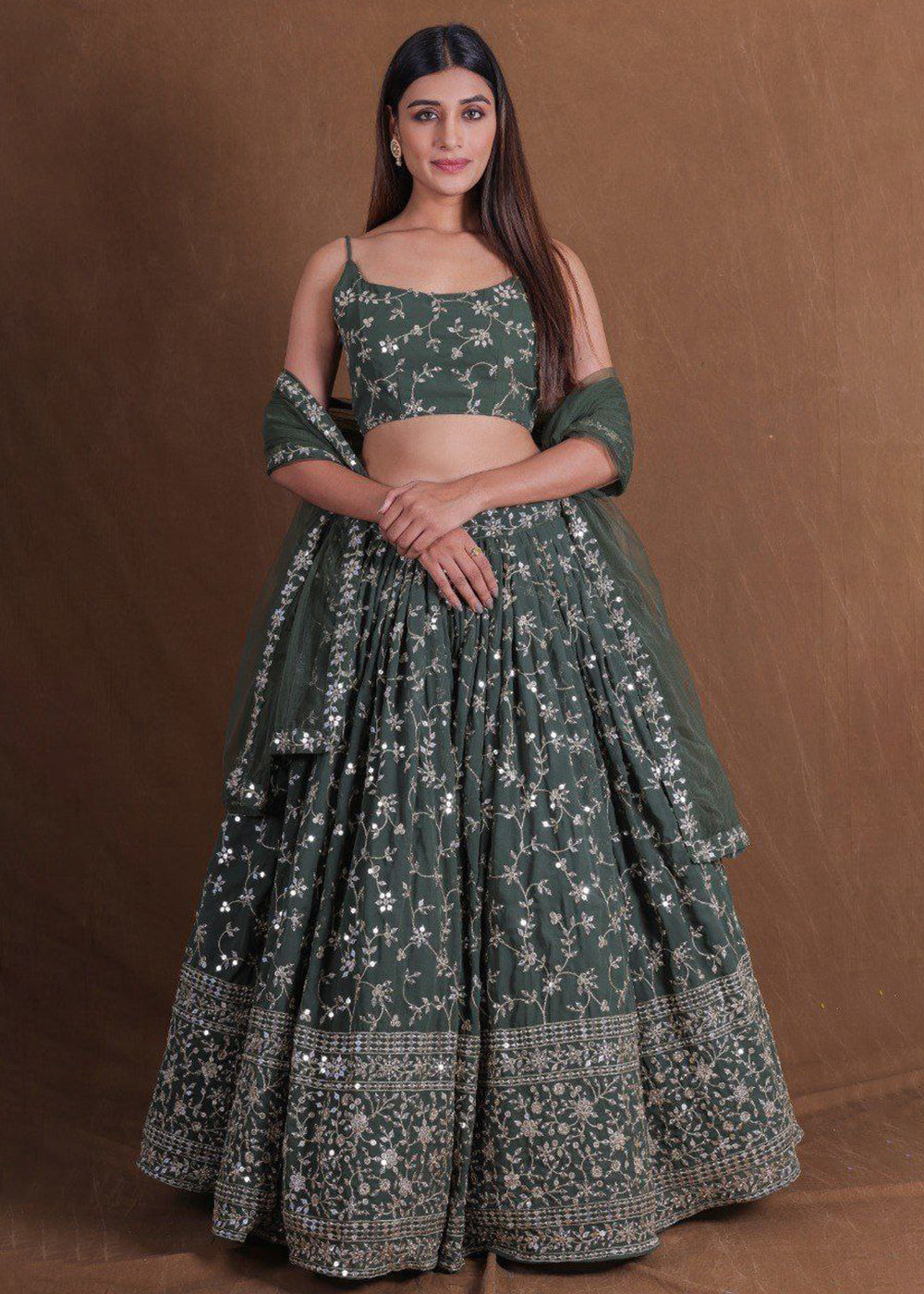 Buy Now Geogette Green Zari Sequin Mehndi Lehenga Choli Online in US, UK, Canada, France, Germany, Sweden, Greece, Denmark, Maldives, UAE & Worldwide at Empress.