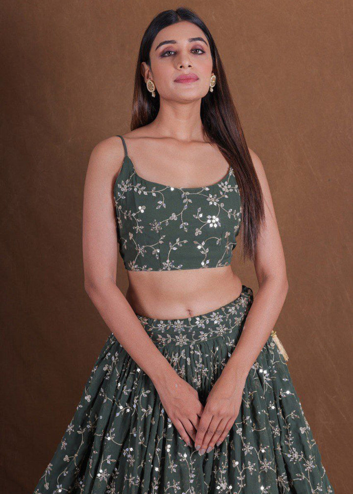 Buy Now Geogette Green Zari Sequin Mehndi Lehenga Choli Online in US, UK, Canada, France, Germany, Sweden, Greece, Denmark, Maldives, UAE & Worldwide at Empress.