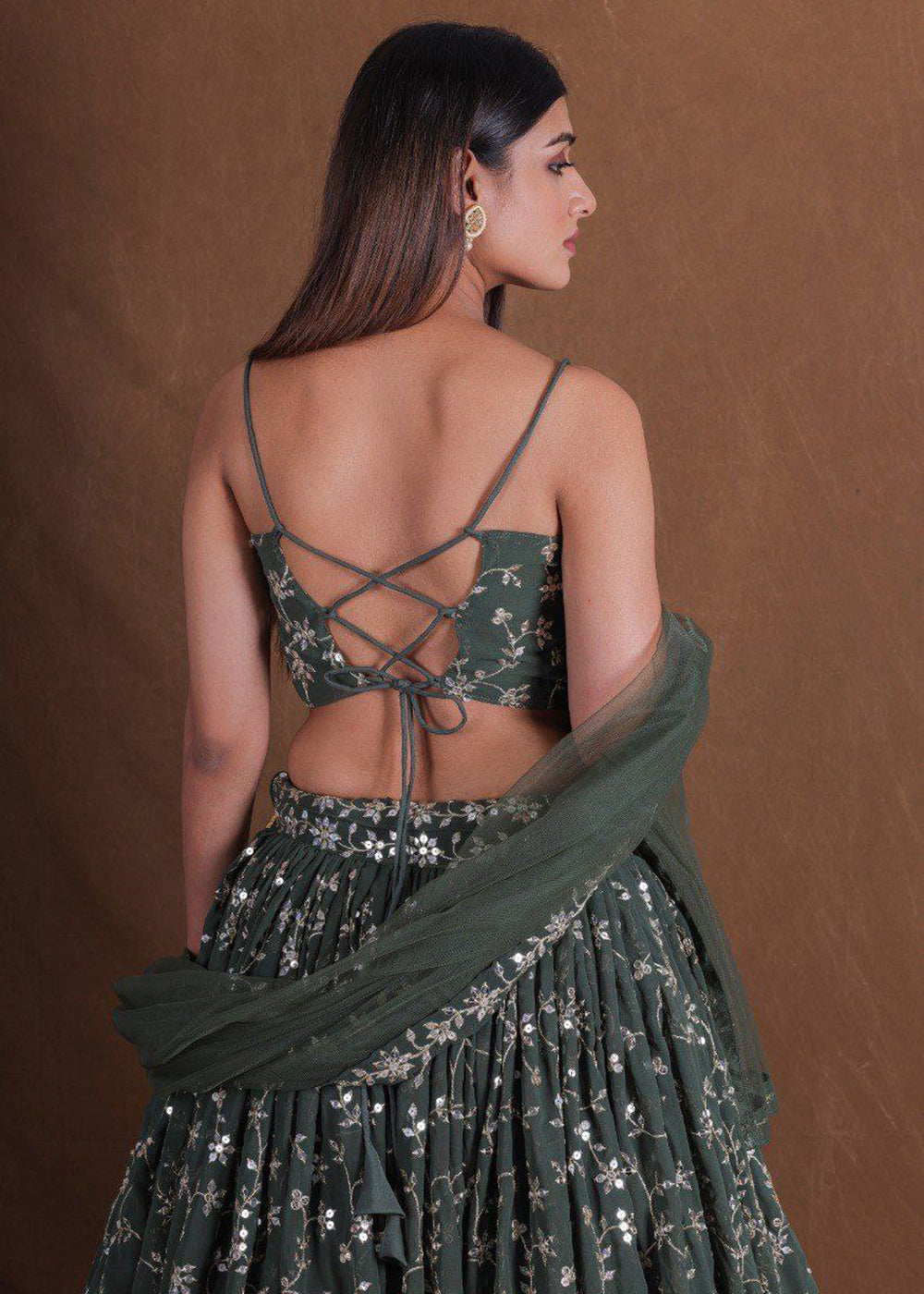 Buy Now Geogette Green Zari Sequin Mehndi Lehenga Choli Online in US, UK, Canada, France, Germany, Sweden, Greece, Denmark, Maldives, UAE & Worldwide at Empress.