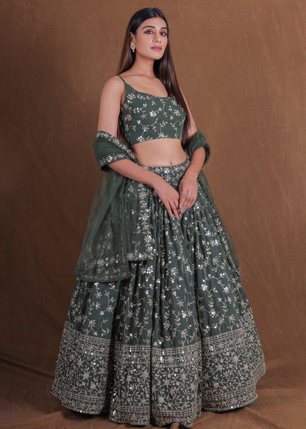 Buy Now Geogette Green Zari Sequin Mehndi Lehenga Choli Online in US, UK, Canada, France, Germany, Sweden, Greece, Denmark, Maldives, UAE & Worldwide at Empress.
