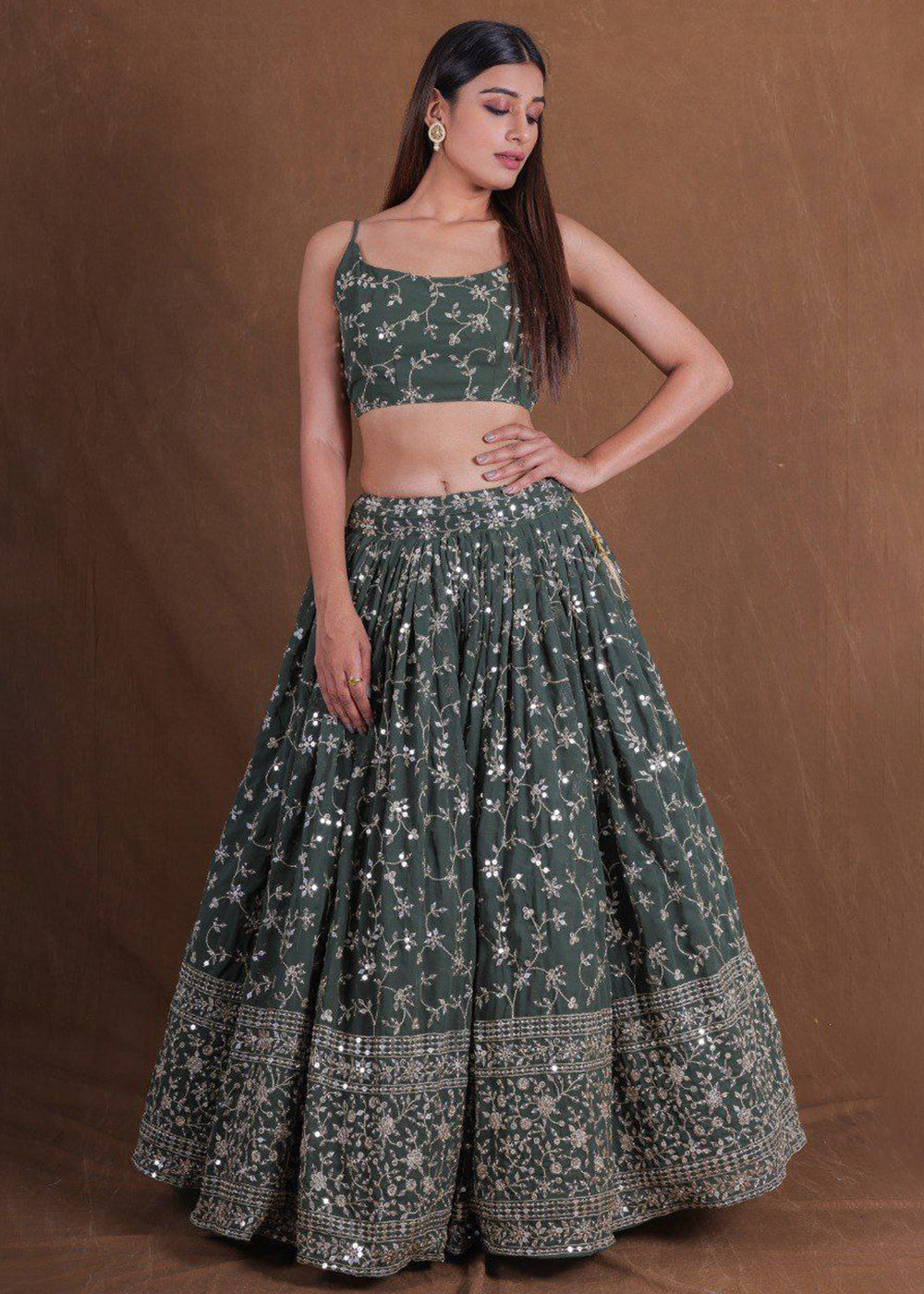 Buy Now Geogette Green Zari Sequin Mehndi Lehenga Choli Online in US, UK, Canada, France, Germany, Sweden, Greece, Denmark, Maldives, UAE & Worldwide at Empress.