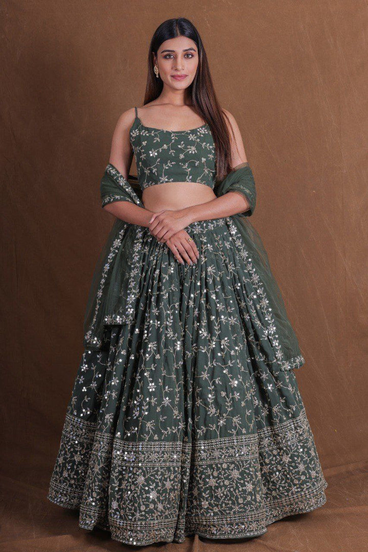 Buy Now Geogette Green Zari Sequin Mehndi Lehenga Choli Online in US, UK, Canada, France, Germany, Sweden, Greece, Denmark, Maldives, UAE & Worldwide at Empress.