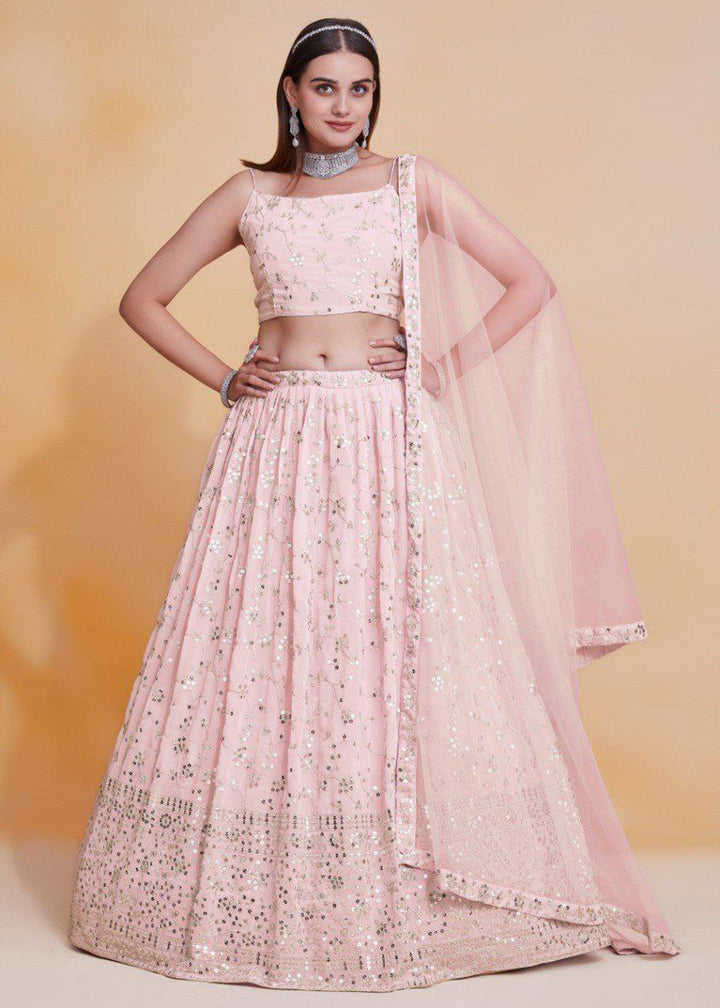 Buy Now Geogette Pink Zari Sequin Sangeet Lehenga Choli Online in US, UK, Canada, France, Germany, Sweden, Greece, Denmark, Maldives, UAE & Worldwide at Empress