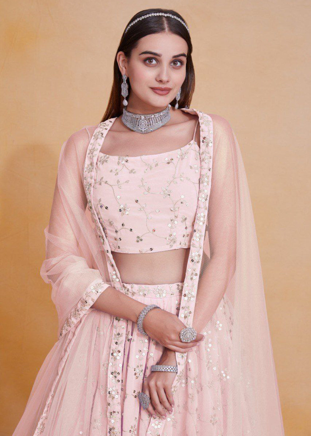 Buy Now Geogette Pink Zari Sequin Sangeet Lehenga Choli Online in US, UK, Canada, France, Germany, Sweden, Greece, Denmark, Maldives, UAE & Worldwide at Empress