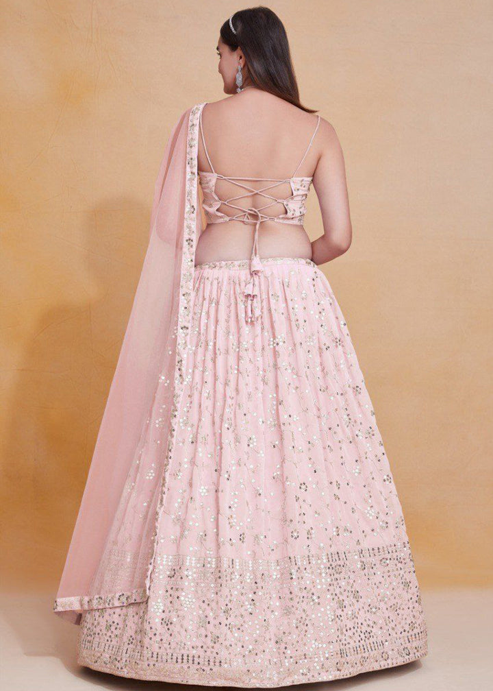 Buy Now Geogette Pink Zari Sequin Sangeet Lehenga Choli Online in US, UK, Canada, France, Germany, Sweden, Greece, Denmark, Maldives, UAE & Worldwide at Empress
