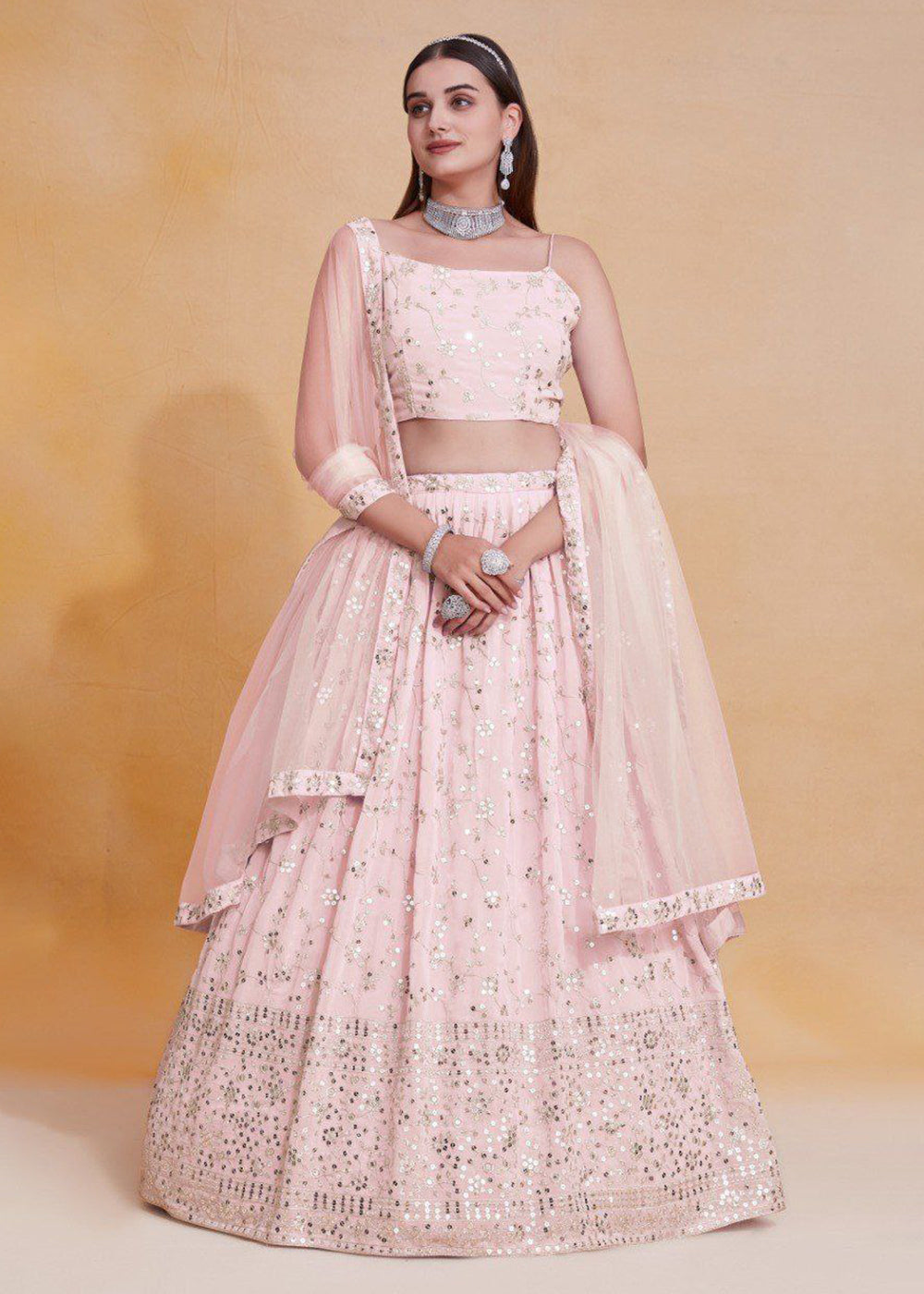 Buy Now Geogette Pink Zari Sequin Sangeet Lehenga Choli Online in US, UK, Canada, France, Germany, Sweden, Greece, Denmark, Maldives, UAE & Worldwide at Empress