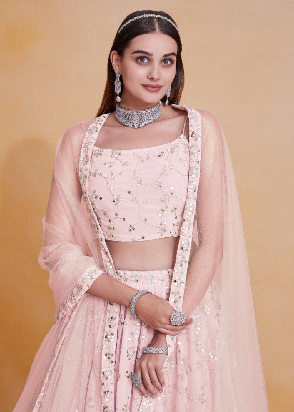 Buy Now Geogette Pink Zari Sequin Sangeet Lehenga Choli Online in US, UK, Canada, France, Germany, Sweden, Greece, Denmark, Maldives, UAE & Worldwide at Empress