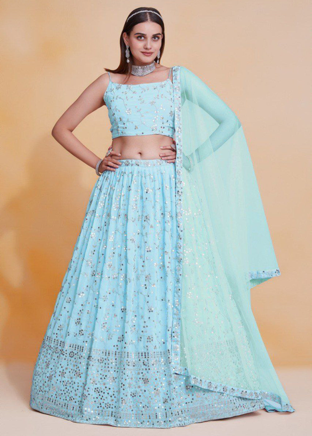 Buy Now Geogette Blue Zari Sequin Sangeet Lehenga Choli Online in US, UK, Canada, France, Germany, Sweden, Greece, Denmark, Maldives, UAE & Worldwide at Empress