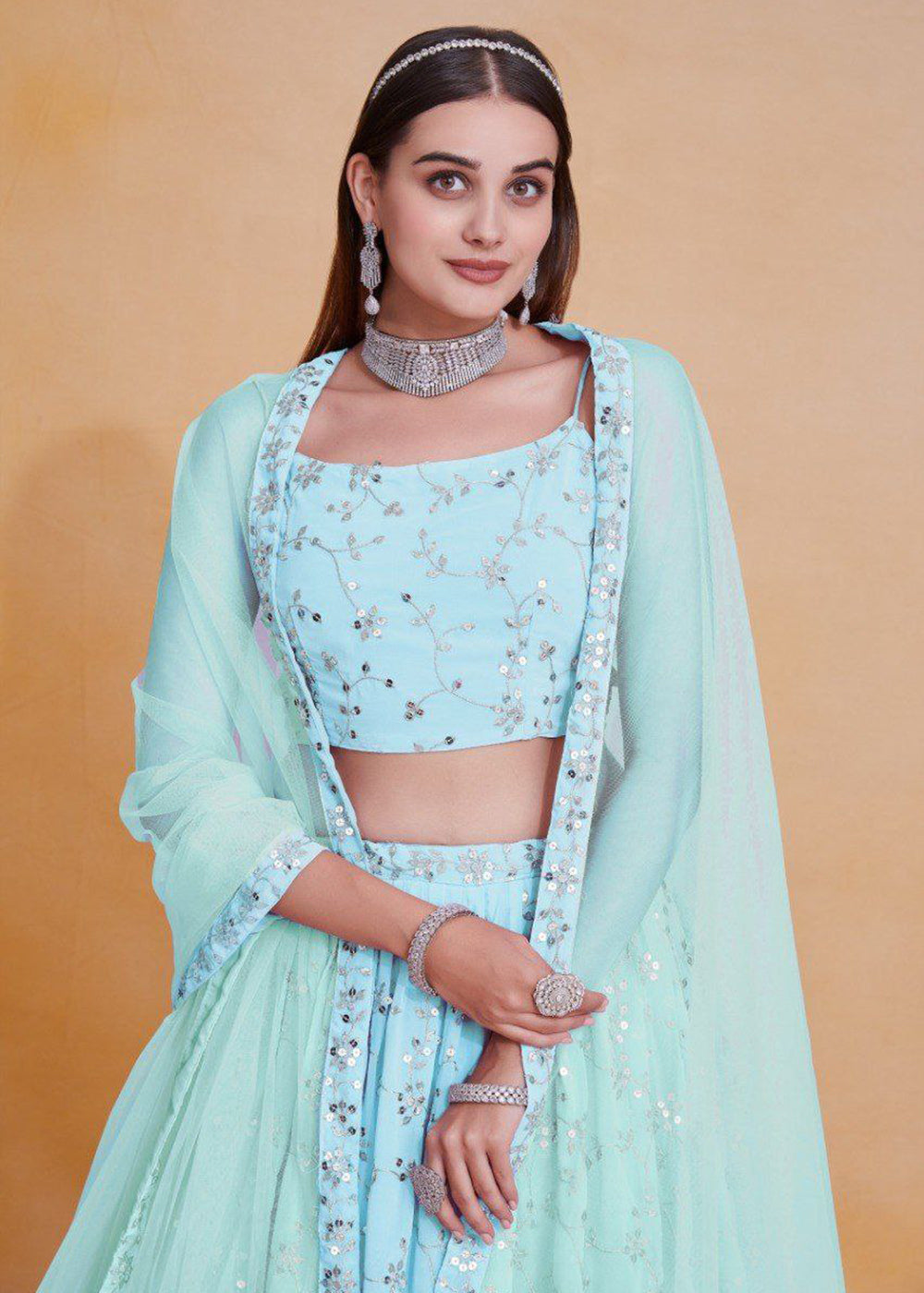 Buy Now Geogette Blue Zari Sequin Sangeet Lehenga Choli Online in US, UK, Canada, France, Germany, Sweden, Greece, Denmark, Maldives, UAE & Worldwide at Empress