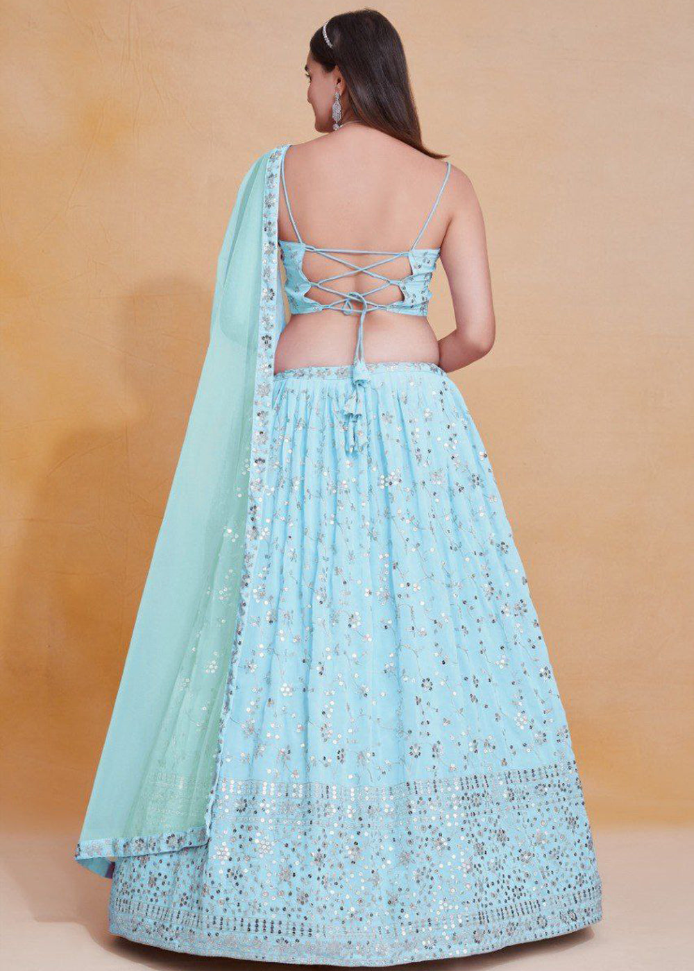 Buy Now Geogette Blue Zari Sequin Sangeet Lehenga Choli Online in US, UK, Canada, France, Germany, Sweden, Greece, Denmark, Maldives, UAE & Worldwide at Empress