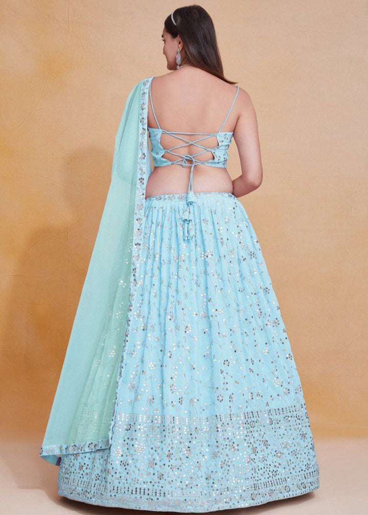 Buy Now Geogette Blue Zari Sequin Sangeet Lehenga Choli Online in US, UK, Canada, France, Germany, Sweden, Greece, Denmark, Maldives, UAE & Worldwide at Empress