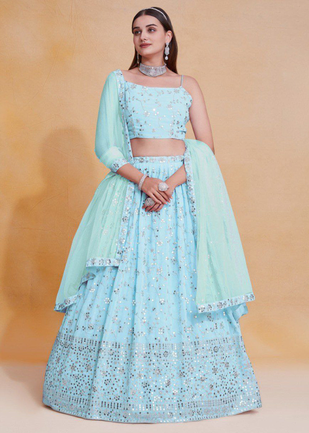 Buy Now Geogette Blue Zari Sequin Sangeet Lehenga Choli Online in US, UK, Canada, France, Germany, Sweden, Greece, Denmark, Maldives, UAE & Worldwide at Empress