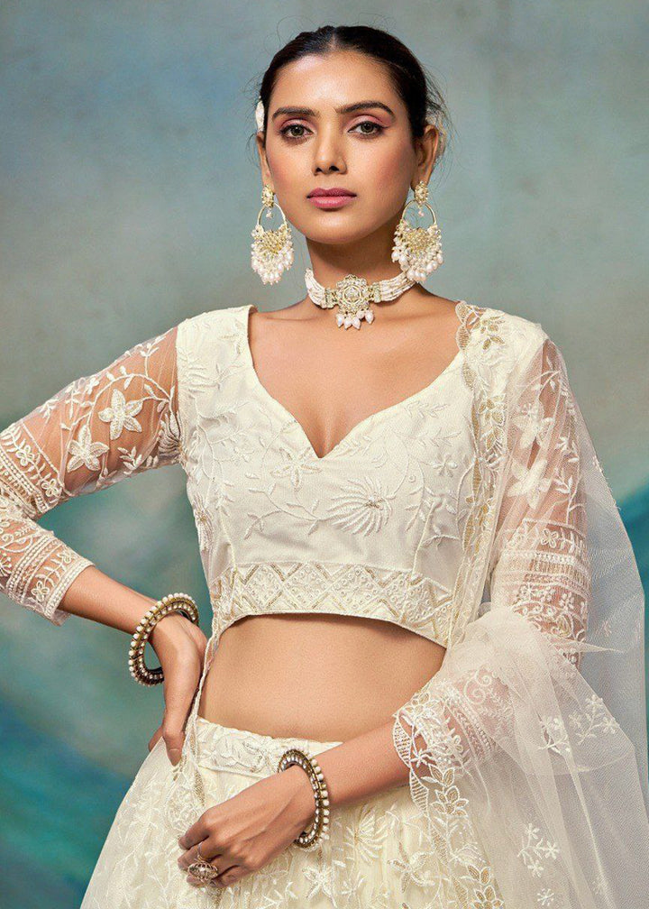 Buy Now Wedding Wear Net Off White Embroidered Lehenga Choli Online in US, UK, Canada, France, Germany, Sweden, Greece, Denmark, UAE & Worldwide at Empress.