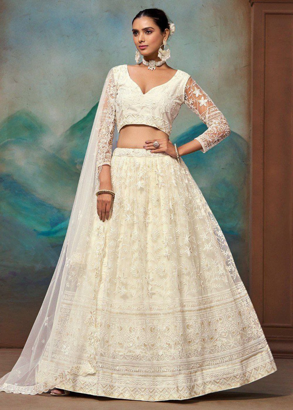 Buy Now Wedding Wear Net Off White Embroidered Lehenga Choli Online in US, UK, Canada, France, Germany, Sweden, Greece, Denmark, UAE & Worldwide at Empress.