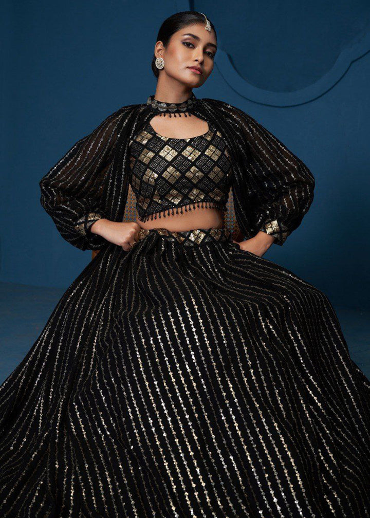 Buy Now Party Wear Georgette Black Embroidered Lehenga Choli Online in US, UK, Canada, France, Germany, Sweden, Greece, Denmark, UAE & Worldwide at Empress.