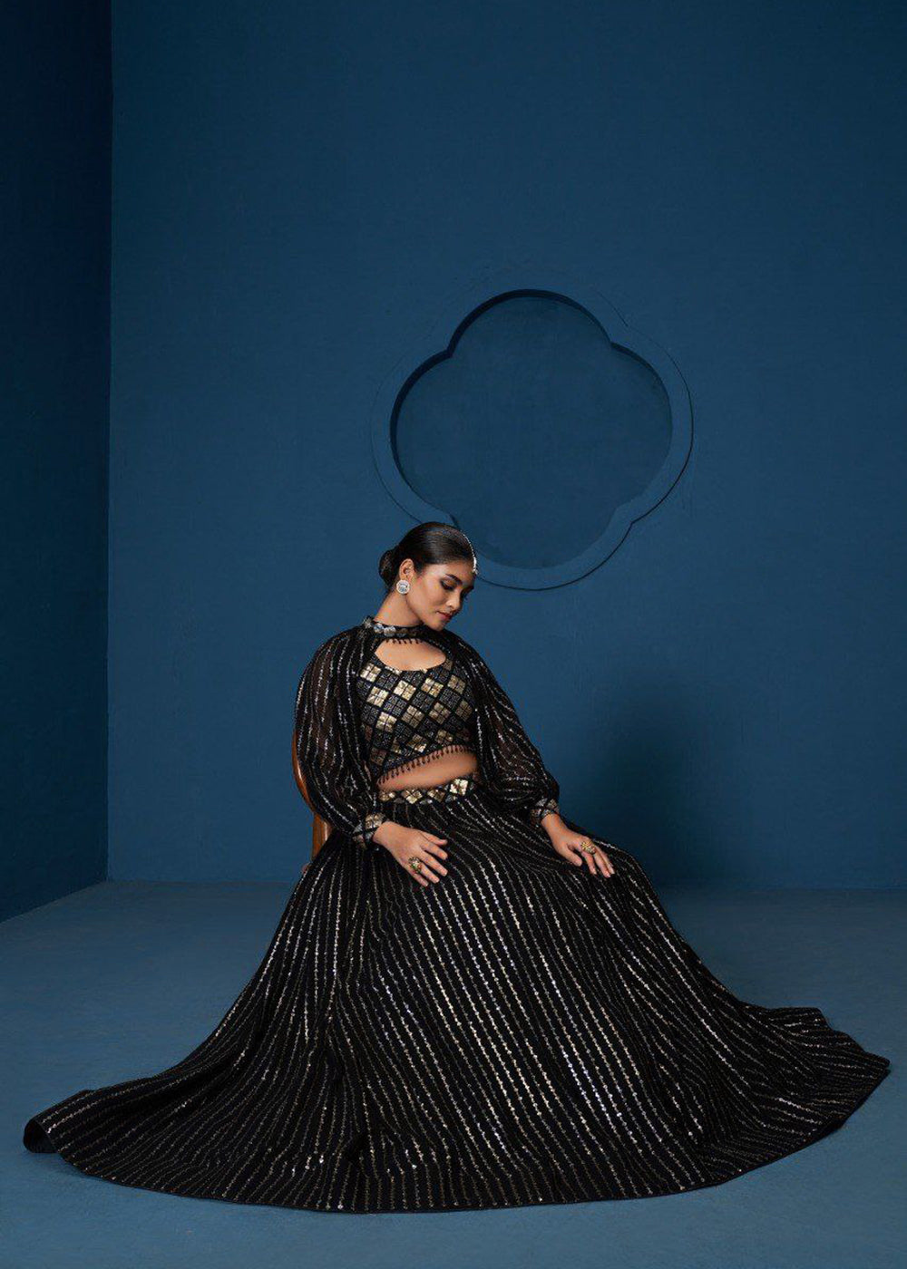 Buy Now Party Wear Georgette Black Embroidered Lehenga Choli Online in US, UK, Canada, France, Germany, Sweden, Greece, Denmark, UAE & Worldwide at Empress.