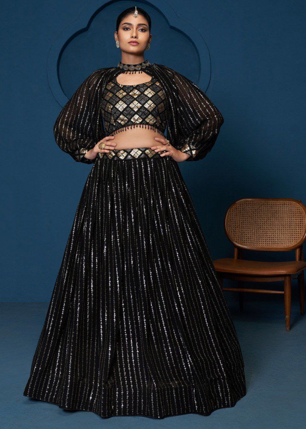 Buy Now Party Wear Georgette Black Embroidered Lehenga Choli Online in US, UK, Canada, France, Germany, Sweden, Greece, Denmark, UAE & Worldwide at Empress.