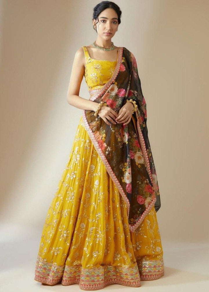 Buy Now Yellow Georgette Embroidered Haldi Special Lehenga Choli Online in US, UK, Canada, France, Germany, Sweden, Greece, Denmark, UAE & Worldwide at Empress.
