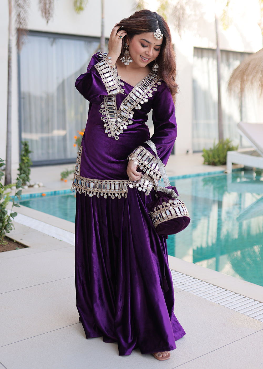 Buy Now Purple Ice Velvet Mirror Work Palazzo Kurta Set Online in US, UK, Canada, Germany, Italy, France, Austria, Denmark, Australia & Worldwide at Empress.