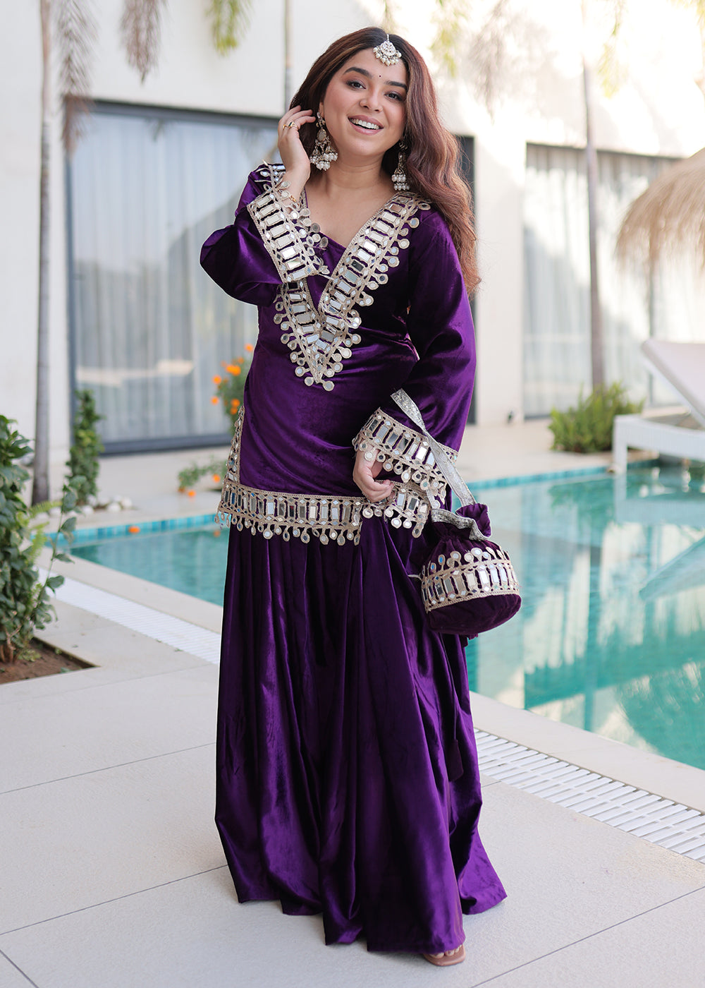 Buy Now Purple Ice Velvet Mirror Work Palazzo Kurta Set Online in US, UK, Canada, Germany, Italy, France, Austria, Denmark, Australia & Worldwide at Empress.