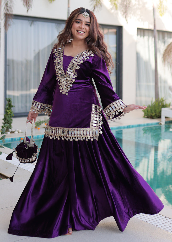 Buy Now Purple Ice Velvet Mirror Work Palazzo Kurta Set Online in US, UK, Canada, Germany, Italy, France, Austria, Denmark, Australia & Worldwide at Empress.