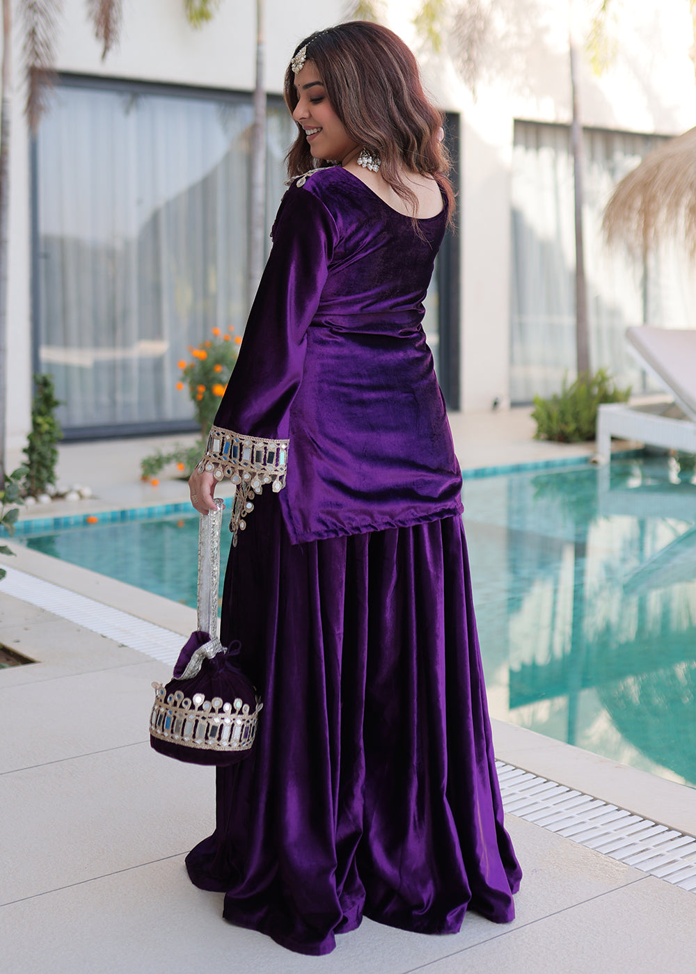 Buy Now Purple Ice Velvet Mirror Work Palazzo Kurta Set Online in US, UK, Canada, Germany, Italy, France, Austria, Denmark, Australia & Worldwide at Empress.