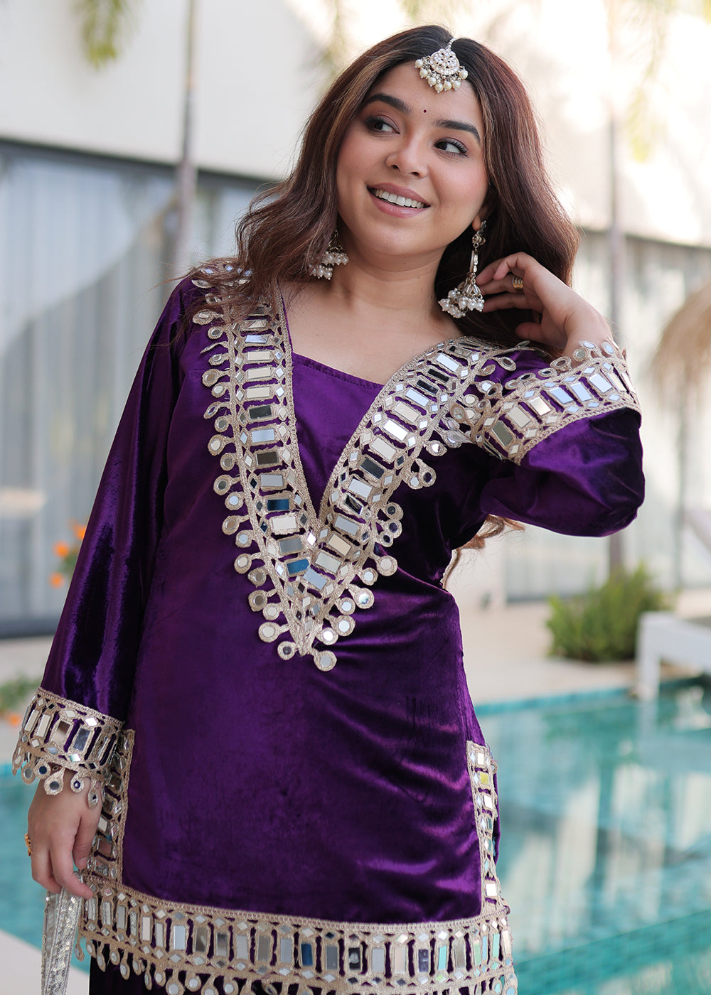 Buy Now Purple Ice Velvet Mirror Work Palazzo Kurta Set Online in US, UK, Canada, Germany, Italy, France, Austria, Denmark, Australia & Worldwide at Empress.