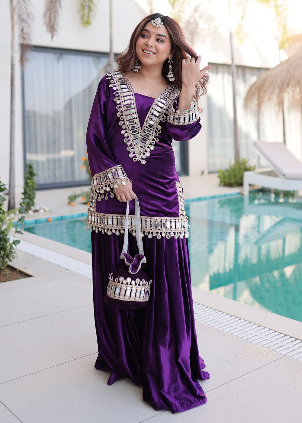 Buy Now Purple Ice Velvet Mirror Work Palazzo Kurta Set Online in US, UK, Canada, Germany, Italy, France, Austria, Denmark, Australia & Worldwide at Empress.