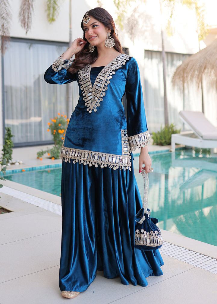 Buy Now Rama Ice Velvet Mirror Work Palazzo Kurta Sett Online in US, UK, Canada, Germany, Italy, France, Austria, Denmark, Australia & Worldwide at Empress.