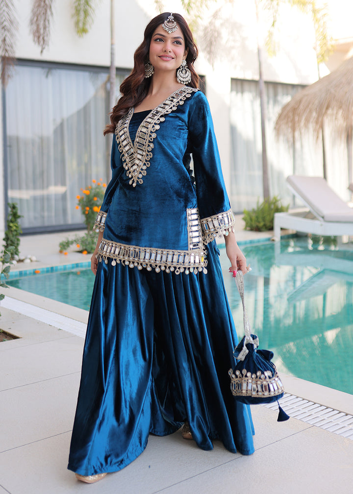 Buy Now Rama Ice Velvet Mirror Work Palazzo Kurta Sett Online in US, UK, Canada, Germany, Italy, France, Austria, Denmark, Australia & Worldwide at Empress.