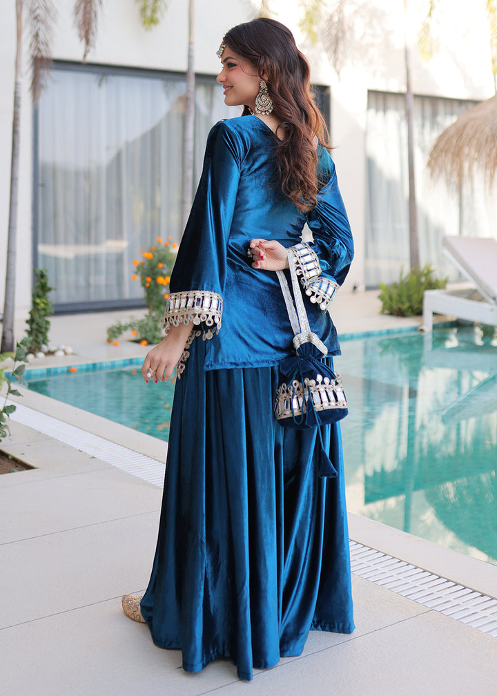Buy Now Rama Ice Velvet Mirror Work Palazzo Kurta Sett Online in US, UK, Canada, Germany, Italy, France, Austria, Denmark, Australia & Worldwide at Empress.