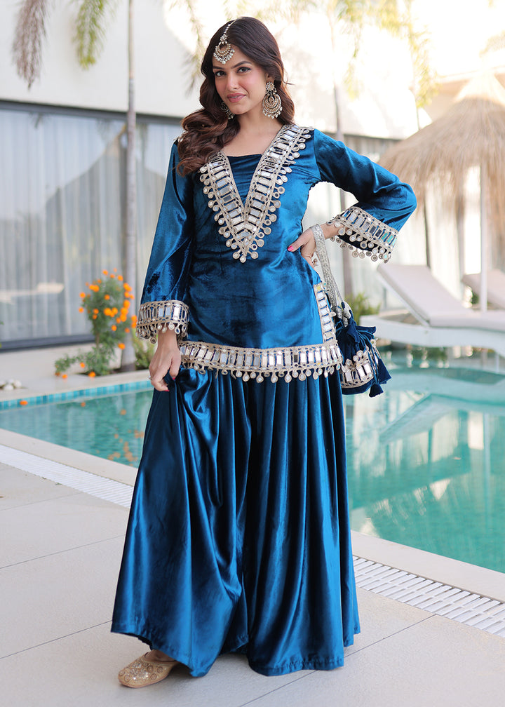 Buy Now Rama Ice Velvet Mirror Work Palazzo Kurta Sett Online in US, UK, Canada, Germany, Italy, France, Austria, Denmark, Australia & Worldwide at Empress.