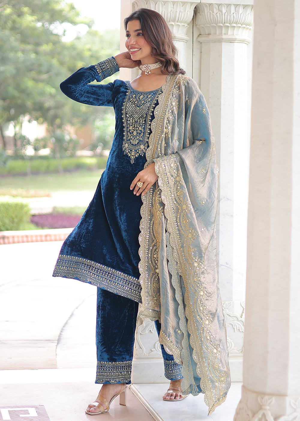 Buy Now Blue Velvet Sequins Work Festive Salwar Suit Online in US, UK, Canada, Germany, Italy, France, Austria, Denmark, Australia, UAE & Worldwide at Empress.